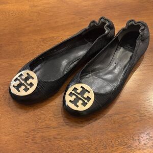 Tory Burch Black Flats with Gold Logo
